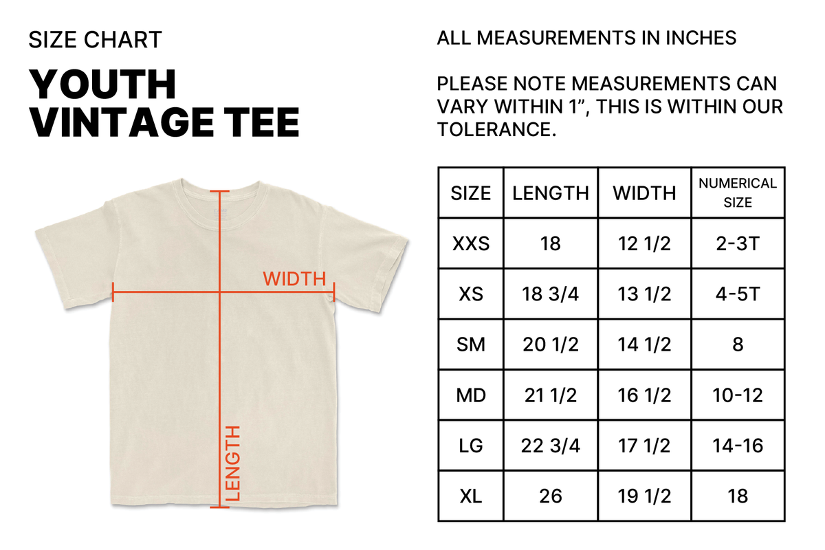 Size chart for Lets Go Camping Youth Vintage Tee - Faded Blue