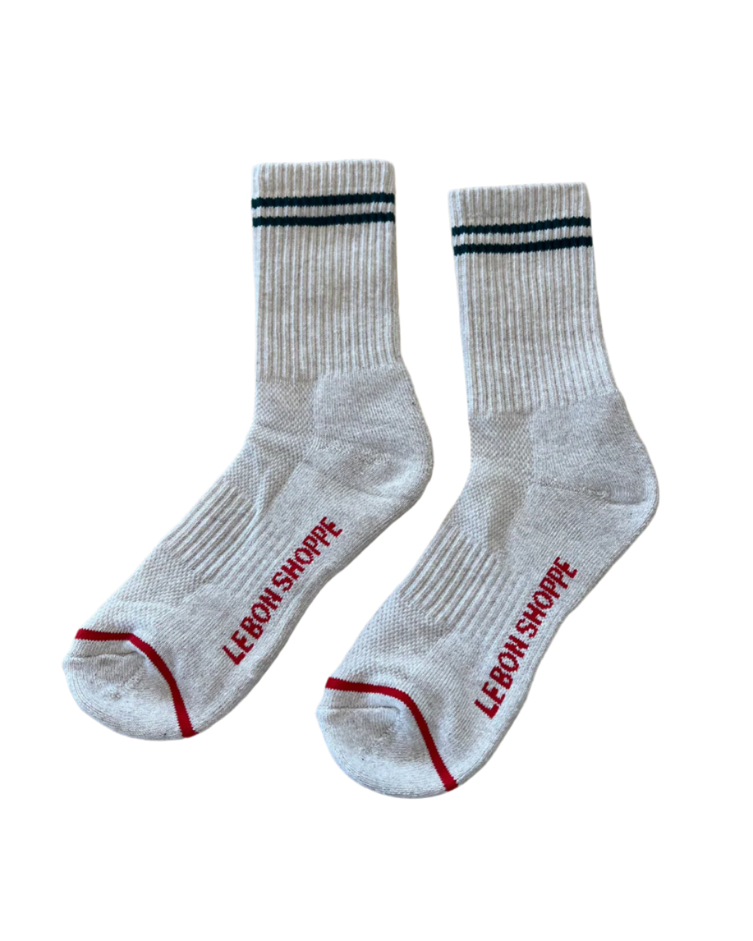 Pair of gray socks with red and green accents and 'Le Bon Shoppe' branding