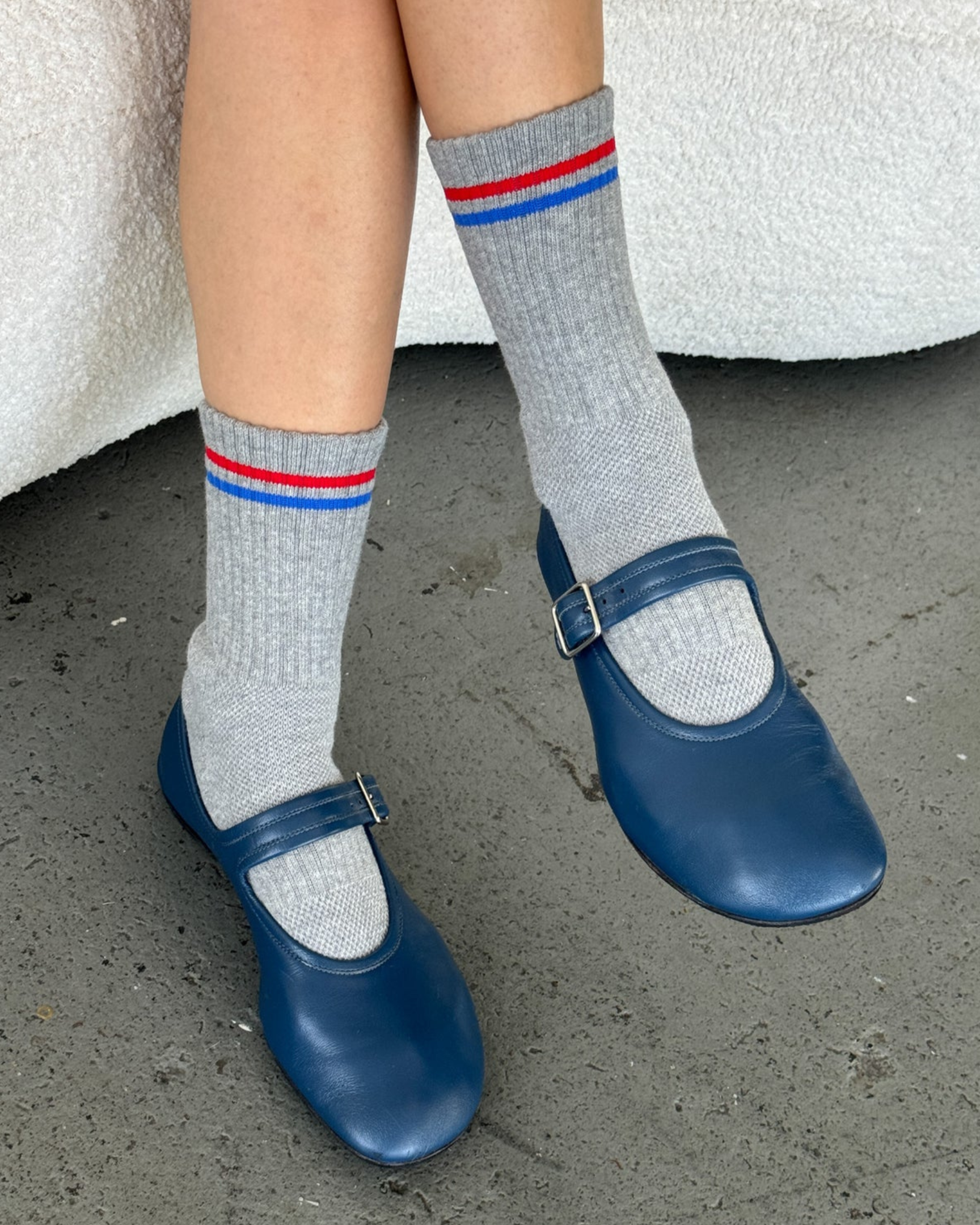 Le Bon Shoppe Boyfriend Socks in True Grey on Model with blue shoes