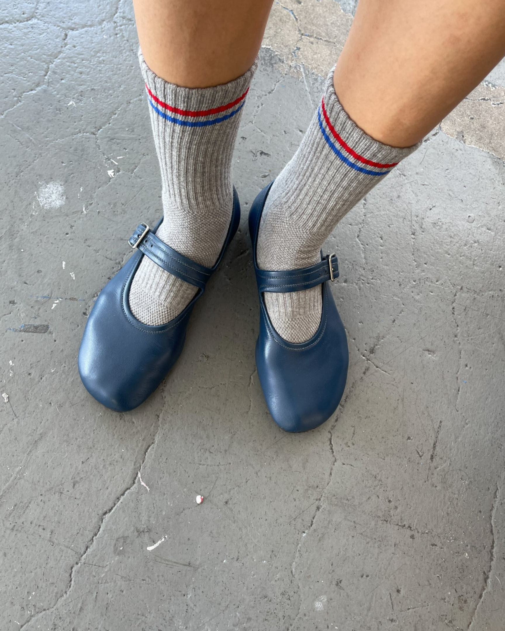 Le Bon Shoppe Boyfriend Socks in True Grey on Model with blue shoes