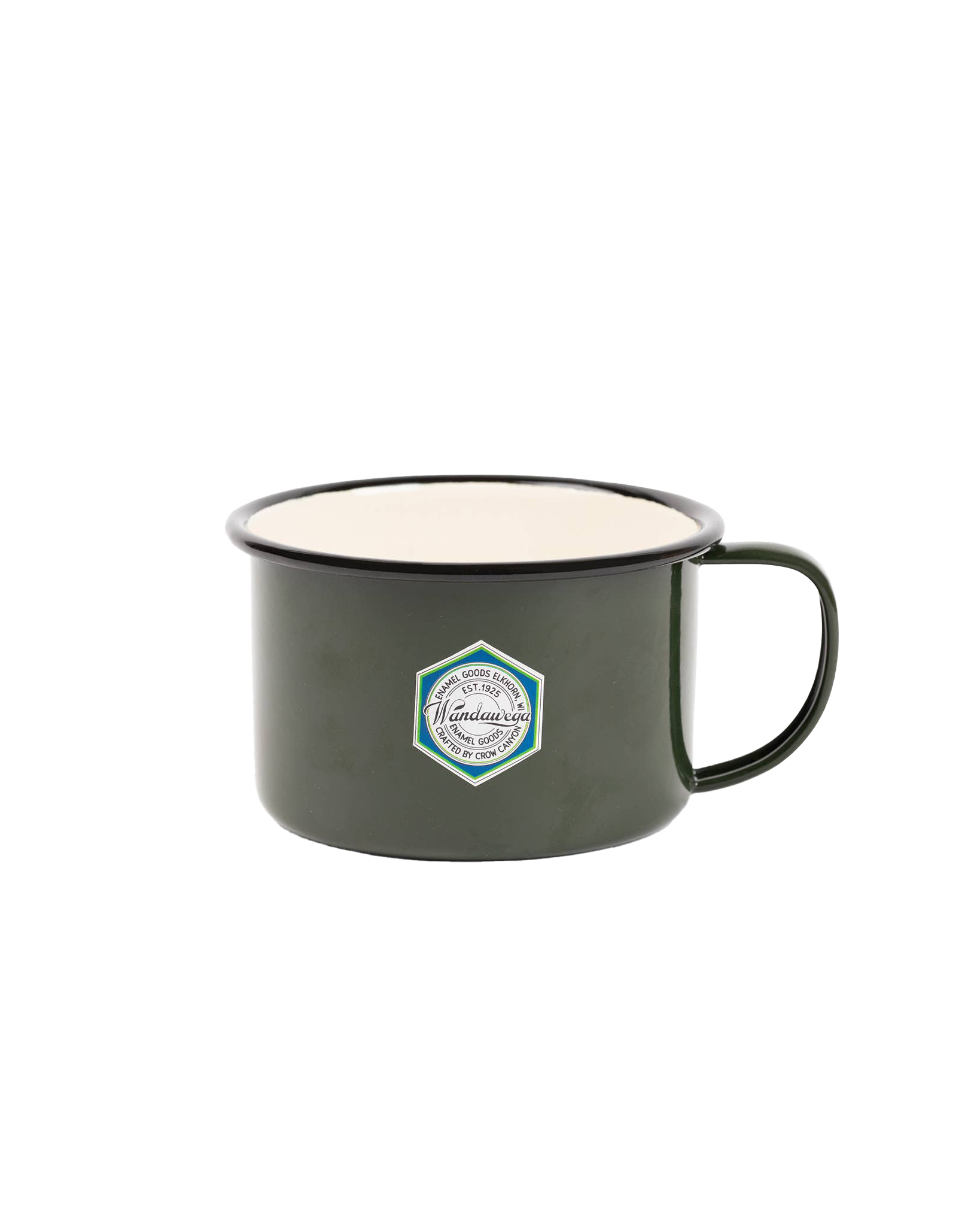 Enamelware Soup Mug: Forest Green and Cream with Black Rim