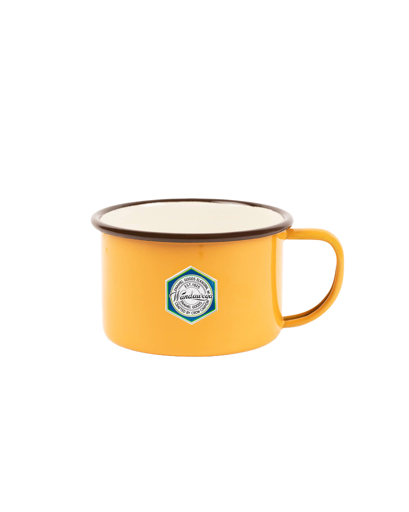 Enamelware Soup Mug: Mustard Yellow and Cream with Brown Rim