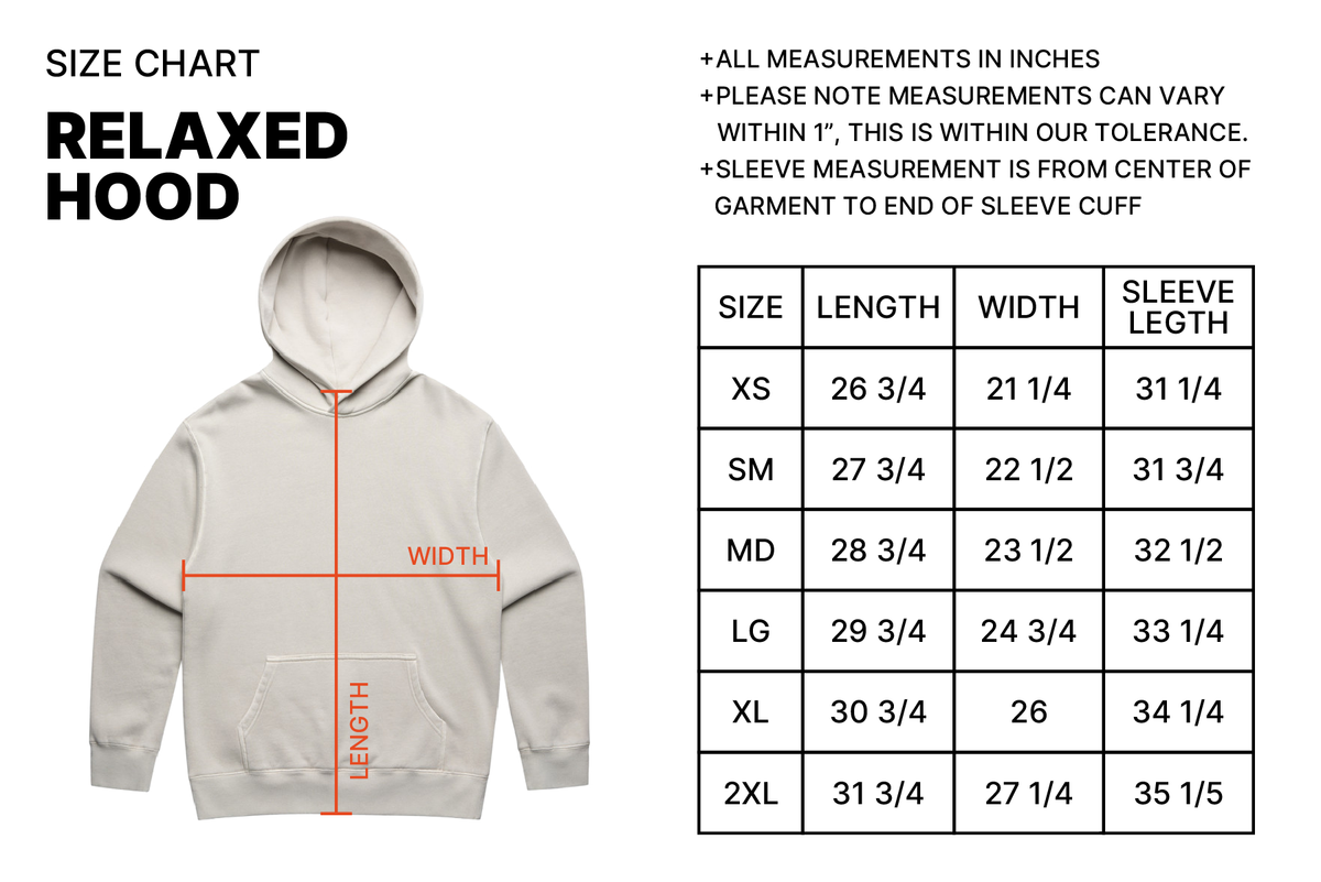 Size chart for Loon Lake Relaxed Fleece Hoodie - Clay