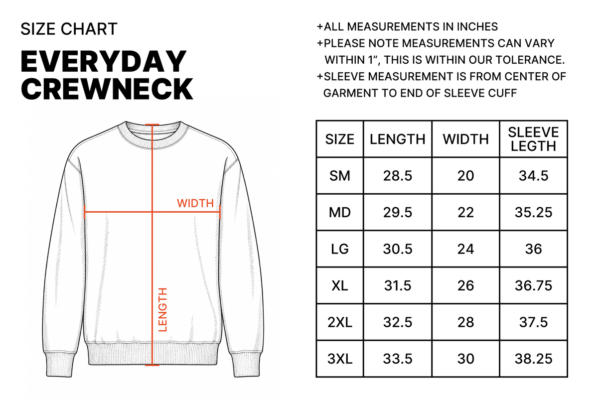 Size chart for Drumheller Everyday Crewneck - Bone