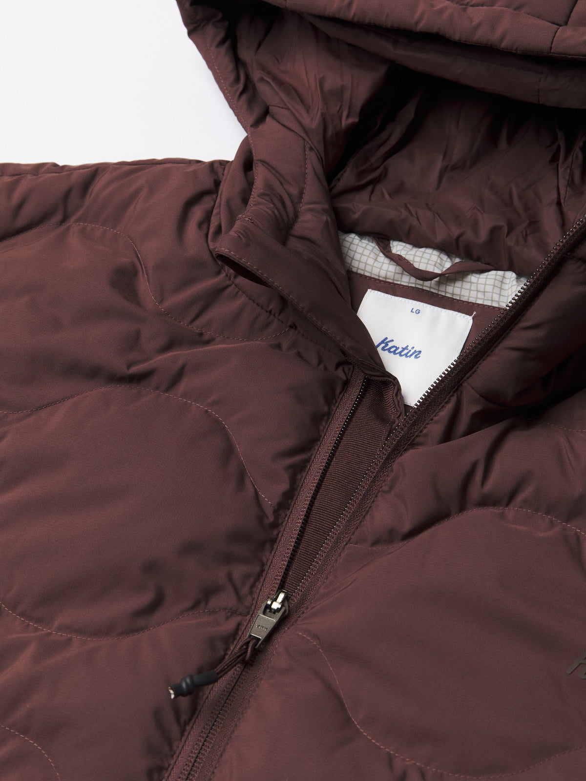 Katin OTG Henson Hooded Puffer in French Roast, flat, front detail