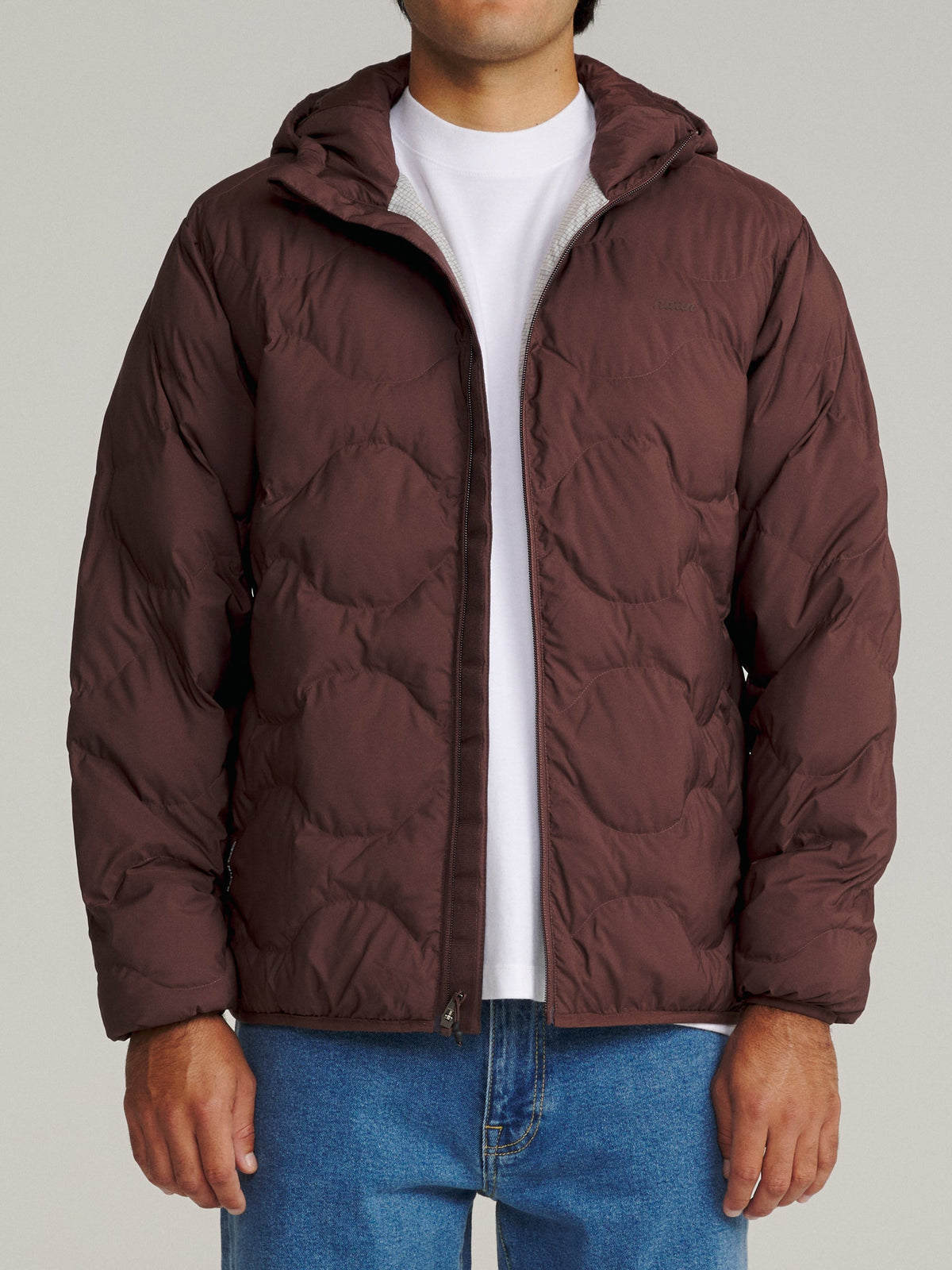 Katin OTG Henson Hooded Puffer in French Roast, on model, front
