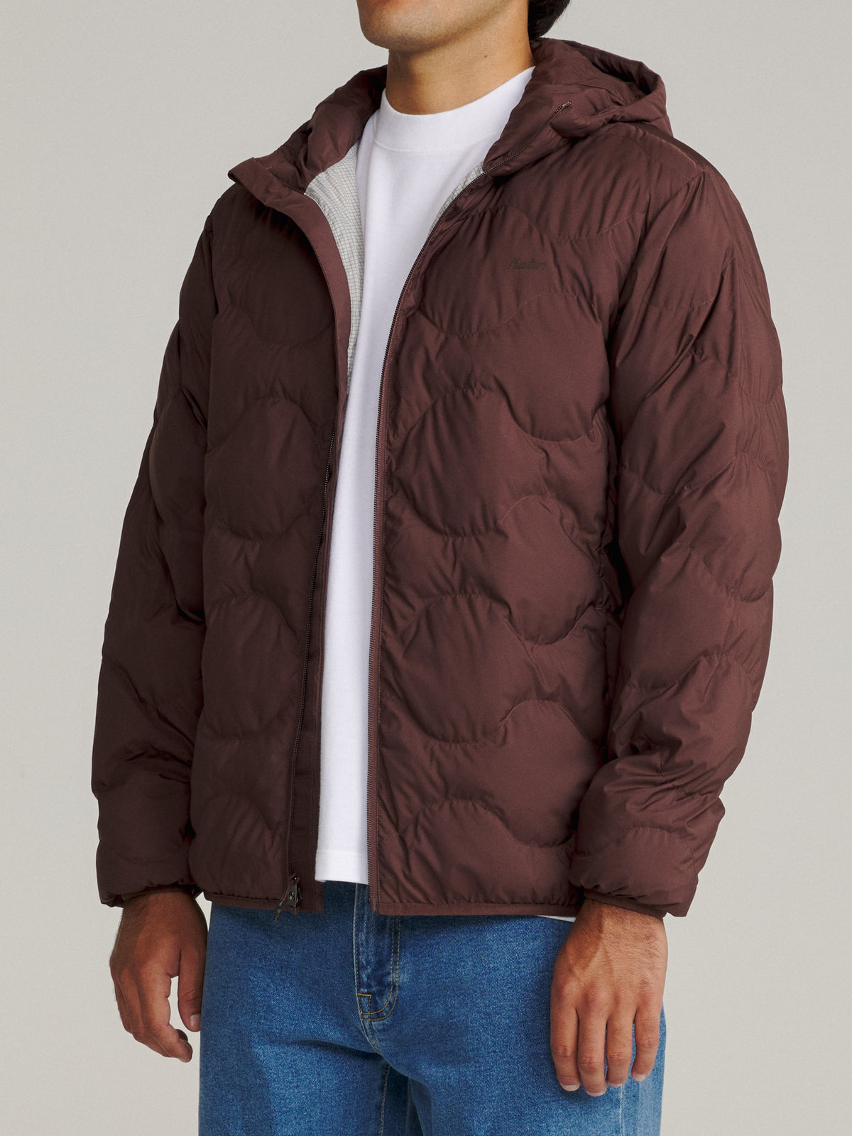 Katin OTG Henson Hooded Puffer in French Roast, on model, side