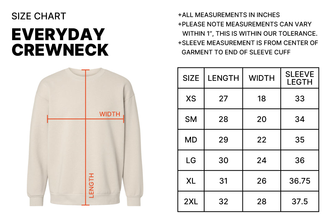 Size chart for Happy Camper Everyday Crewneck - Midnight Blue