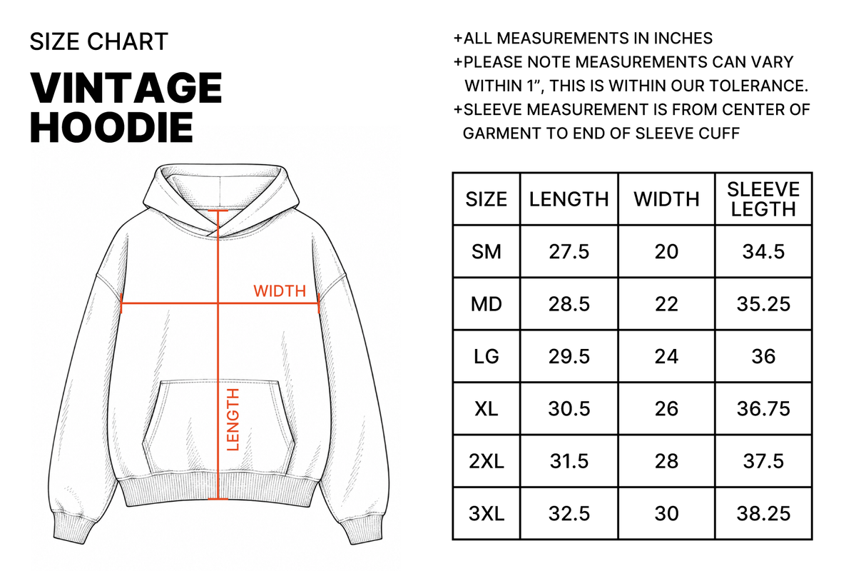 Size chart for Heritage Crest Vintage Hoodie - Navy